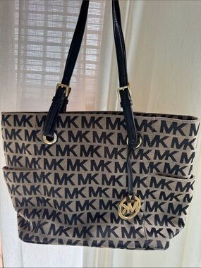 Michael Kors Brown MK Monogram Tote with Black Handles